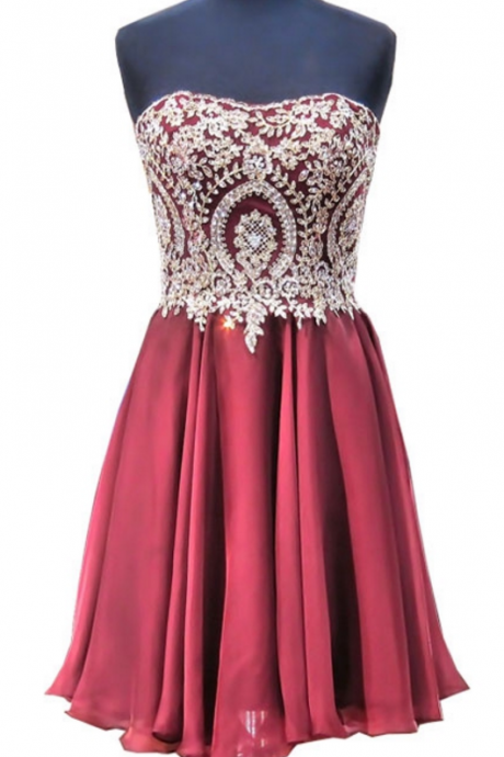 Gorgeous Short Graduation Dresses A-line Sweetheart Gold Lace Mini 8th Grade Prom Burgundy Homecoming Dresses