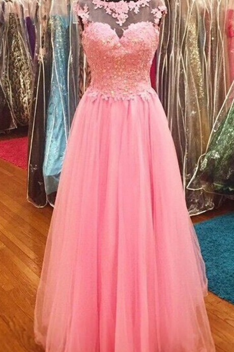 Pink Tulle Round-neck Sequins Lace Princess A-line Long Prom Dresses Graduation Dress For Teens