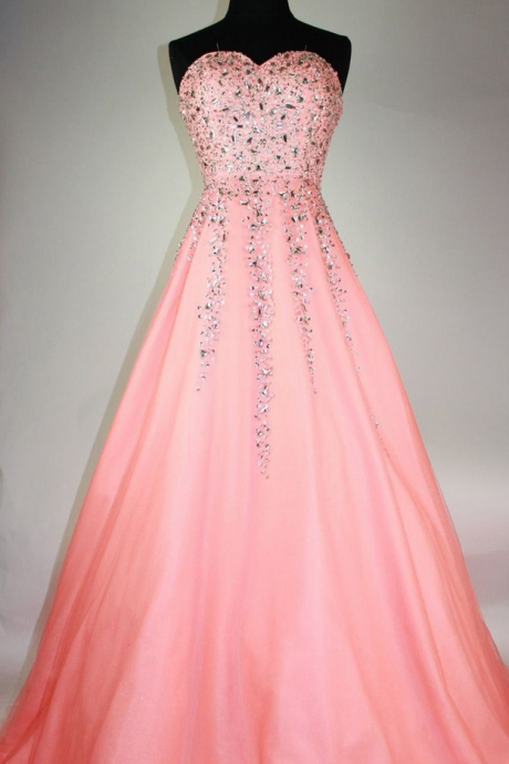 Peach Organza Sweetheart Prom Dress, Beading A-line Long Prom Dresses For Teens ,evening Dresses