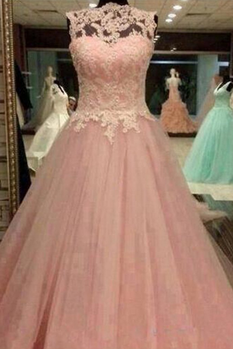 Peach Organza Lace Applique Round Neck A-line Long Prom Dresses For Teens ,evening Dresses