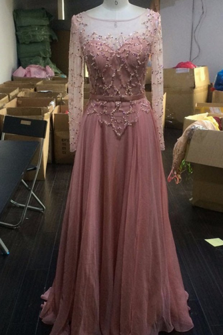 Peach Chiffon Prom Dress,see-through Long Sleeves A-line Round Neck Sequins Simple Long Prom Dresses