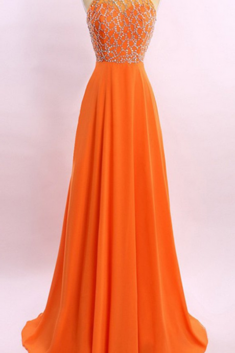 Orange Chiffon See-through Prom Dress,beading Rhinestone A-line Long Prom Dresses ,shining Evening Dresses