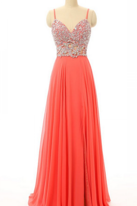 Orange Chiffon Beaded Prom Dresses,v-neck A-line Open Back Long Evening Dresses For Teens,long Prom Dress With Straps