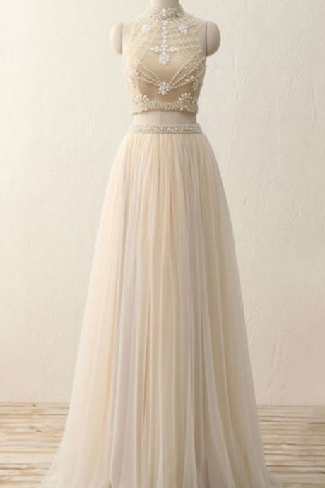 Ivory Chiffon See-through Two Pieces Beading A-line High Neck Long Evening Dress