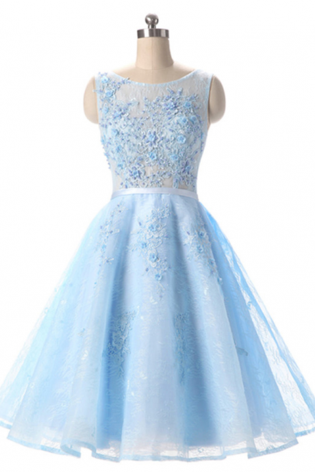 Bateau Neck Pearl Lace Appliques Short Prom Dress, Ice Blue A-line Sash Mini Prom Dress, Sweet See-through Lace Prom Dress
