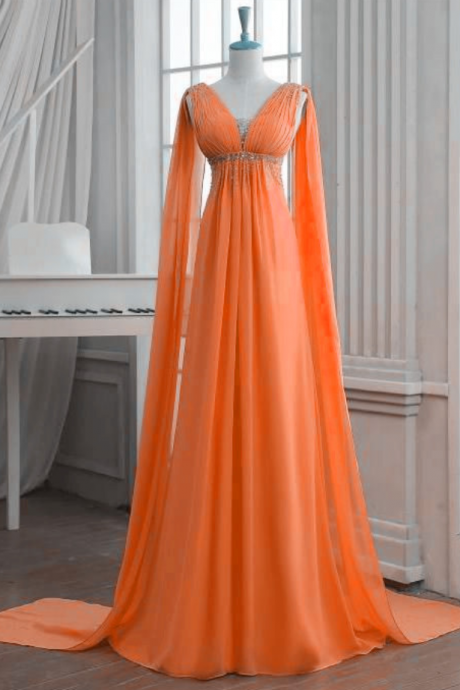 Elegant Orange Chiffon Long Prom Gowns, Prom Dresses , Formal Gowns, Party Dresses