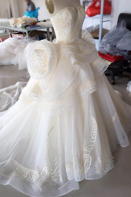 Real Photo Strapless Chapel Train Wedding Dress Organza&tulle Illusion Fit And Flare Vestido De Novia Bridal Gown Size Plus
