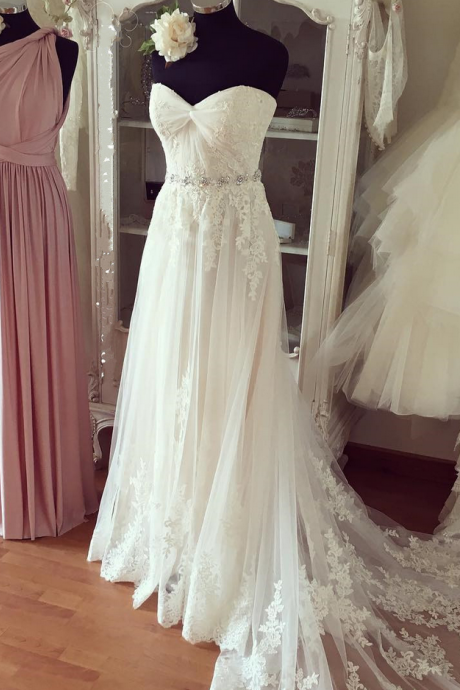 Wedding Dresses, Wedding Gown,pleated Sweetheart Lace Appliques Beach Wedding Dresses Boho Wedding Gowns