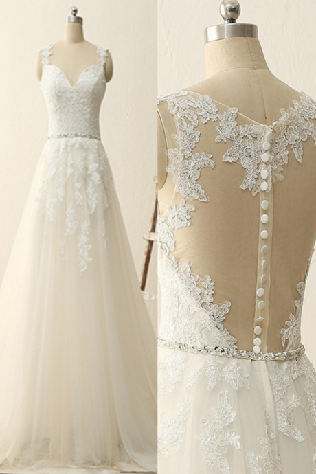 Close Back Lace Tulle Handmade Wedding Dreses,elegant A-line Wedding Gowns,pretty Bridal Gowns
