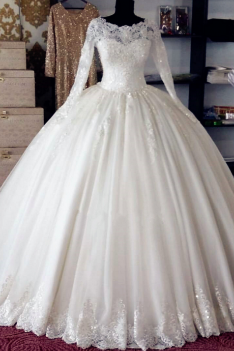 Sheer Lace Appliqués Ball Gown Wedding Dress With Long Sleeves And Long Train