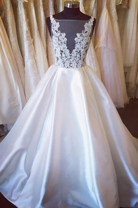 Sabrina Sheer Satin Princess Ball Gown, Wedding Dress Featuring V Back And Chapel Train