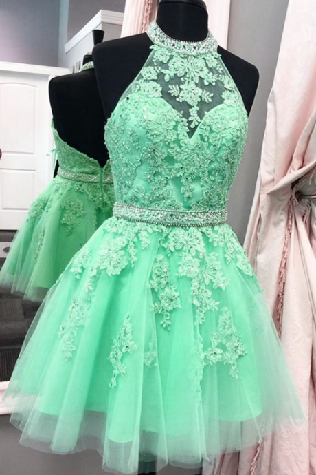 Mint Backless Beads Halter Tulle Short Sexy Homecoming Dress