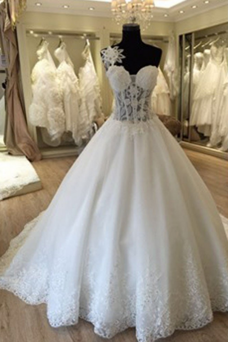 Unique Design One Shoulder See Through A-line Lace Tulle Wedding Dresses,