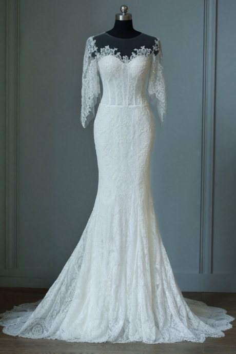 Full Lace Wedding Dress ,royal Mermaid Half Sleeves Wedding Dress,ivory Wedding Gown