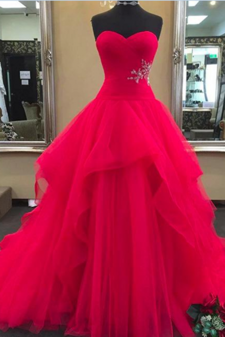 Red Sweetheart Neck Tulle Long Prom Dress, Red Evening Dress