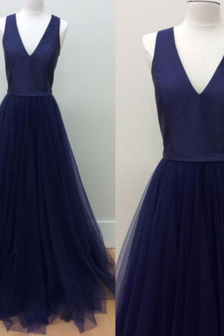 Navy Blue V-neck Prom Dress,floor-length Tulle Prom Dress With Pockets,formal Dress ,prom Party Dress