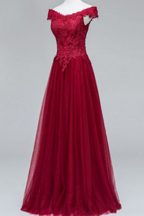 Pretty Evening Dresses Beautiful Tulle Wine Red Off Shoulder Prom Dresses, Long Prom Dresses