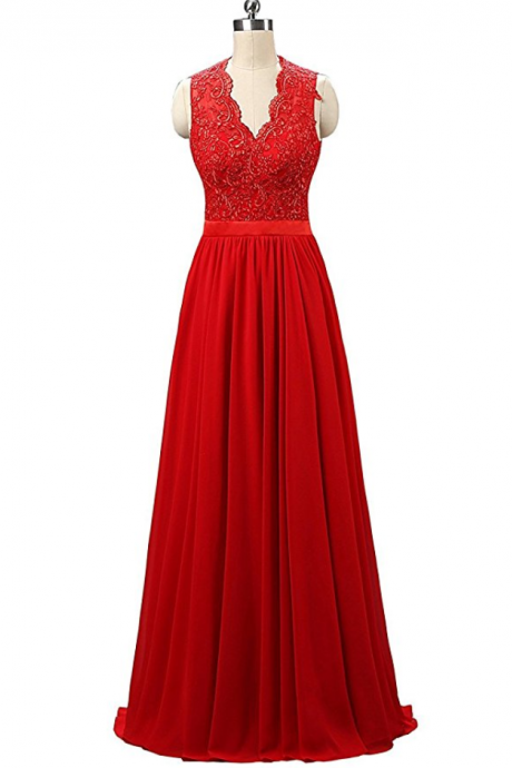 Red V Neck A Line Backless Bridesmaid Dress,floor Length Sleeveless Chiffon Bridesmaid Dresses, Long Elegant Prom Dresses Party Evening Gown