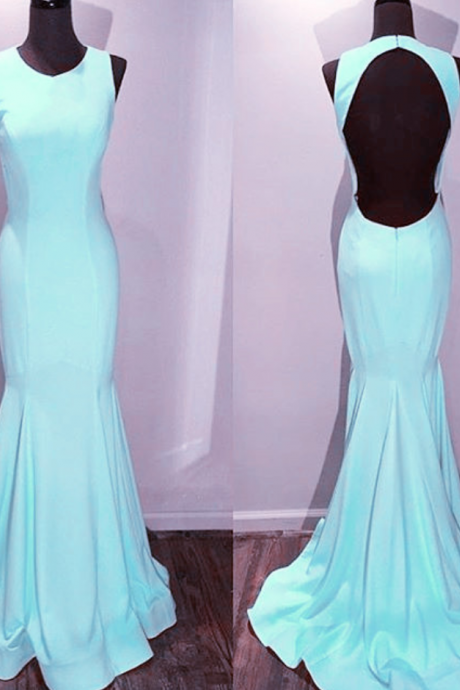Light Blue Satin Backless Mermaid Prom Dresses