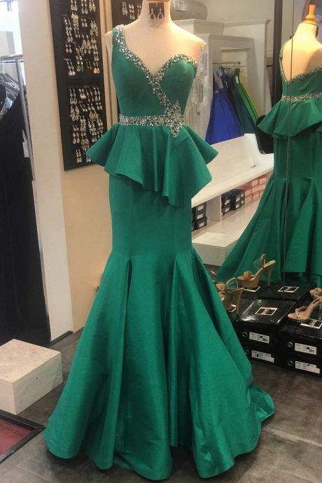 Emerald Satin Mermaid One Shoulder Evening Dress Long Ruffled Crystal Beaded Formal Gowns