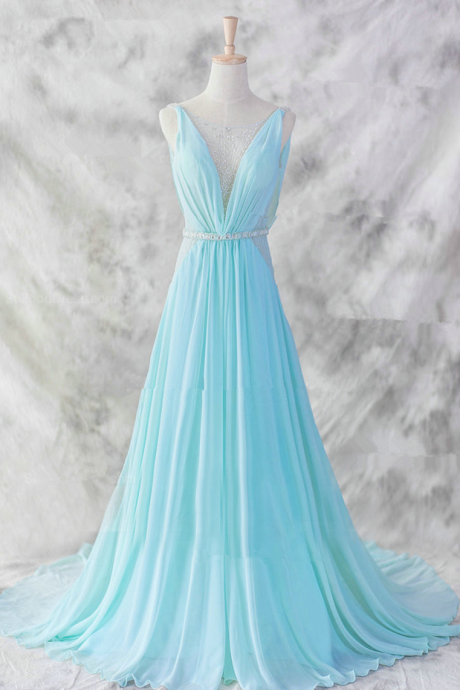 Pretty Baby Blue Chiffon Floor Length V-neckline Prom Gown Baby Blue Evening Dresses Blue Formal Dresses, Formal Dresses