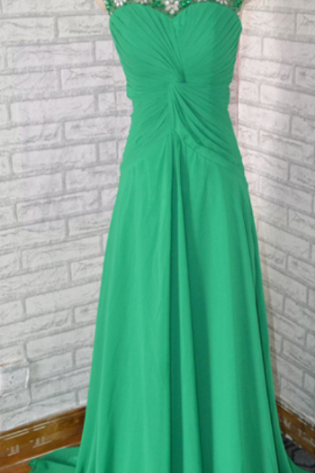 Boat Neck Cap Sleeves Chiffon Beaded Long Green Prom Dress,chiffon Long Green Evening Dress