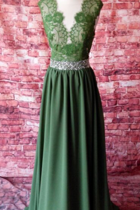Green Prom Dress,fashion V Neck Backless Top Lace Green Long Chiffon Prom Dress,long Party Dress, Green Evening Dress