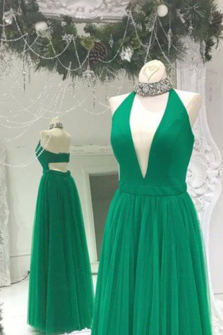 Halter Prom Dress,green Graduation Dress,v-neck Green Prom Dresses,open Back Green Party Dress,halter Green Evening Dresses
