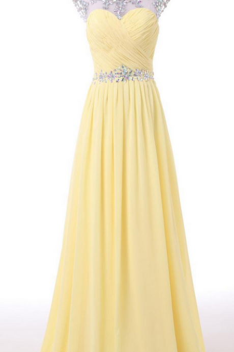 Prom Dress, Long Prom Dresses, Scoop Beading Keyhole Back Pale Yellow Long Chiffon Prom Dress, Light Yellow Long Prom Dress, Evening Dress,