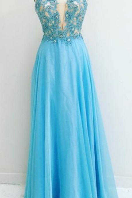 Blue Appliques V-neck A-line Chiffon Prom Dresses