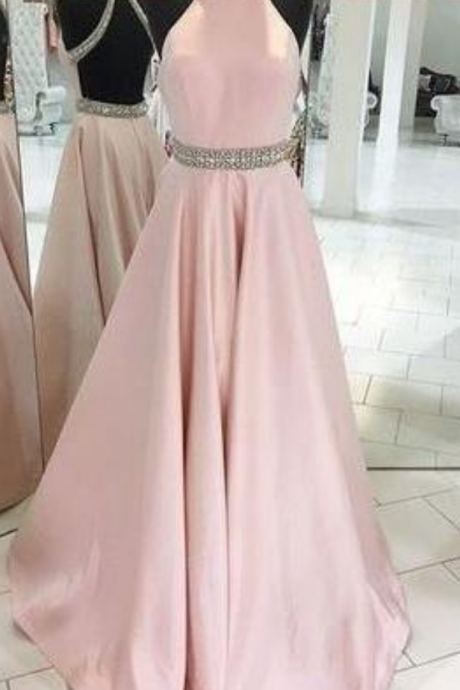 Charming Prom Dress,princess Prom Dress,beading Prom Dress,long Prom Dress,pink Prom Gown,backless Prom Dress,halter Prom Dress,satin Prom