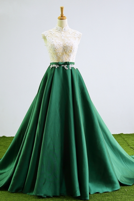 Green Lace Prom Dresses Long Beaded High Neck Prom Evening Party Dresses For Graduation Gowns Vestidos De Formatura