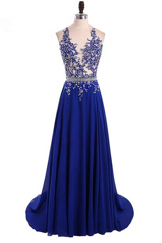 Vestido De Festa Longo Sparkly Beaded Royal Blue Long Prom Dresses Sexy Backless A Line Long Party Evening Dress