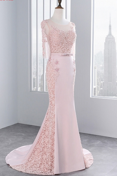 Pink Long Sleeve Lace Prom Dresses Mermaid Party Evening Dress For Graduation Vestido De Formatura Longo