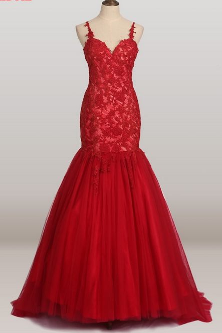Red Long Lace Mermaid Prom Dresses Tulle Evening Party Dress For Graduation Vestidos De Baile Formatura Festa Gala Jurken