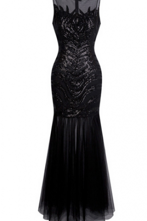 Vintage Sequin Flapper Gatsby Illusion Long Prom Dresses