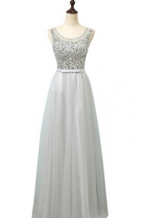 Gray Sexy A Line Tulle Beading Prom Dresses Formal Long Evening Party Dress Sleeveless