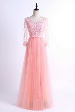 Coral Beaded Evening Dresses Appliques Tulle Long Sleeve Evening Party Dress