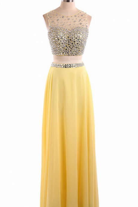 Custom Sexy Pink/yellow Sequins Beaded 2 Piece Prom Dresses Scoop Long Style Evening Party Dresses Vestido De Vesta