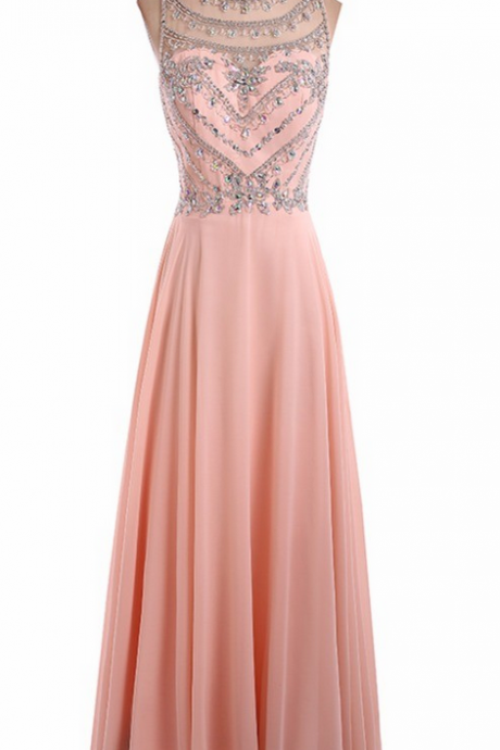 Sexy Long Prom Dresses Pink Sleeveless Chiffon Crystal Beading Vestido De Festa Formal Party Dress Custom Made
