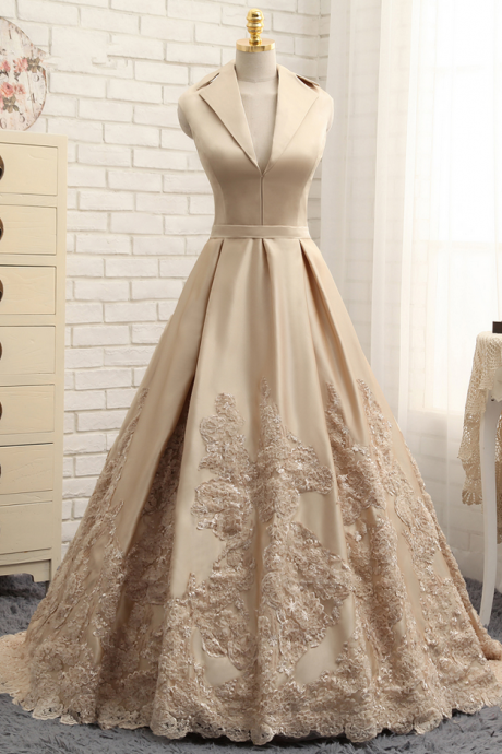Champagne Prom Dresses A-line V-neck Cap Sleeves Satin Appliques Lace Prom Gown Evening Dresses Evening Gown
