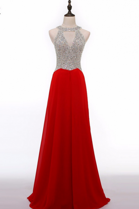 Fashionable Red Chiffon Long Evening Dress Party Elegant Crystal Top Robe De Soiree Sexy Prom Gowns Vestido De Festa