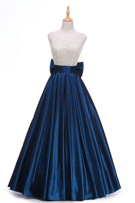 Vestido Royal Blue Long Evening Dress Beading Top Vintage Prom Dresses Robe De Soiree Big Back Bowknot