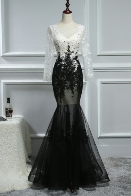Sexy Vintage Prom Dress Long Sleeve Black Champagne Appliques Beaded Mermaid Party Dresses
