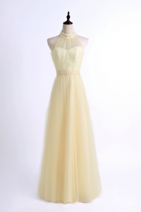 Beaded Embellished High Halter Neck Floor Length Tulle Formal Dress, Prom Dress