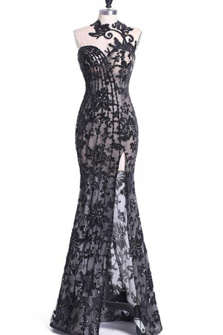 Robe De Soiree Sexy Black Beads Sequined Lace Evneing Dress Side Split Mermaid Evening Gown Sleeveless Illusion