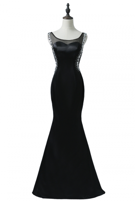 Crystal Embellished Black Bateau Illusion Neck Sleeveless Mermaid Floor Length Formal Dress, Prom Dress