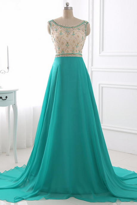Elegant A Line Prom Dresses Chiffon Evening Dress Illusion Sparkly Beading Bodice Prom Dress