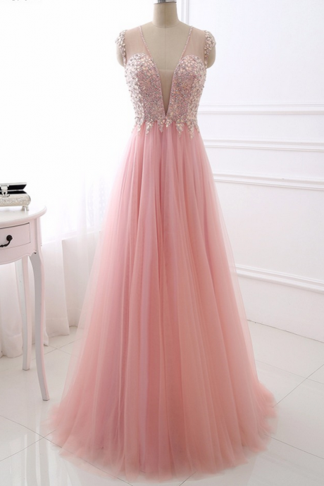Beaded Embellished Plunge V Cap Sleeves Floor Length Tulle Prom Dress, Formal Dress Featuring Open Back