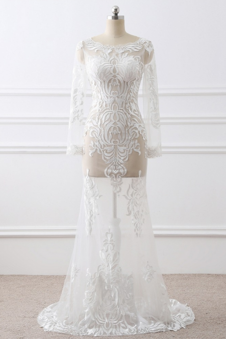 Sexy See Through Mermaid Wedding Dresses With Long Sleeves Lace Appliques
